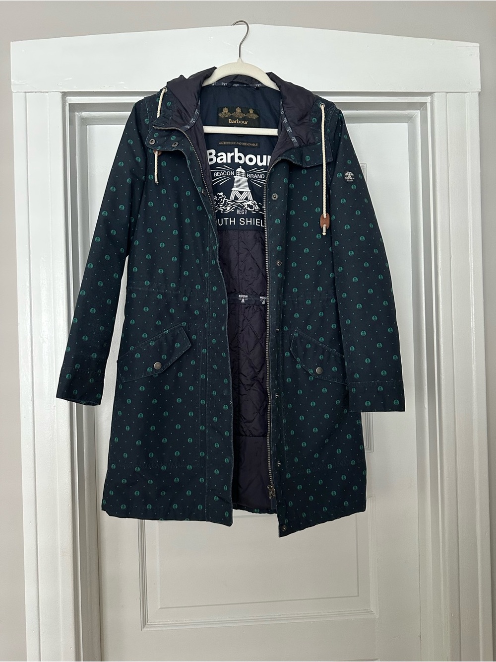 Barbour Beacon Brand Navy Hooded Trench Coat with Teal Dot Pattern